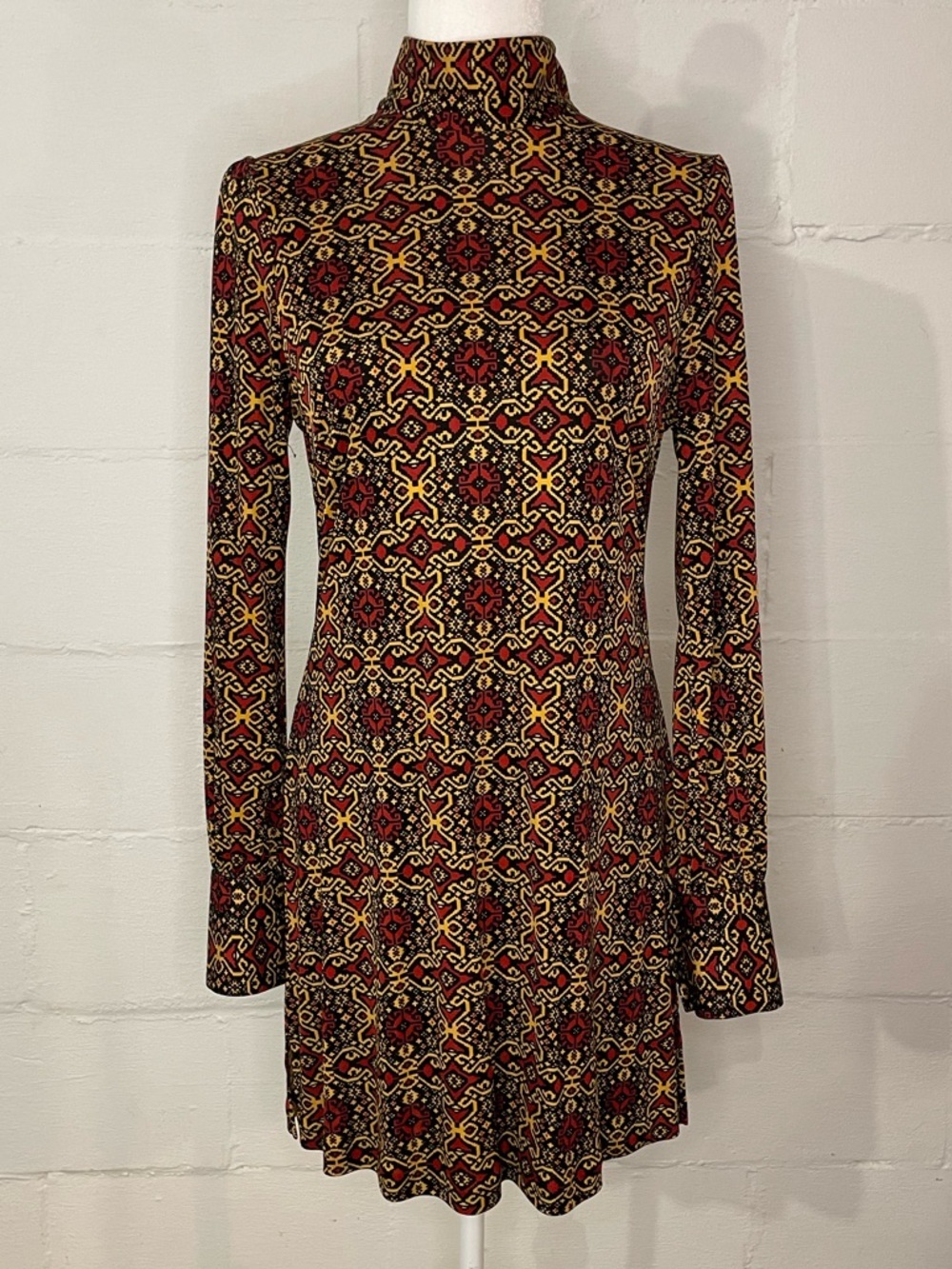 Nieves Lavi Red and Black Geometric Mock Neck Mini Dress